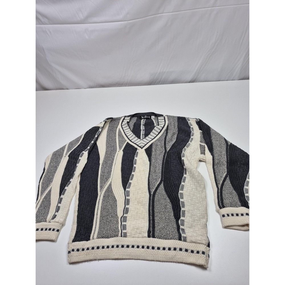 Vintage Alan Stuart Sweater Mens 2XL Gray V Neck Chunky Geometric Knit USA Cosby